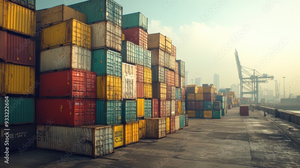 Fototapeta premium Colorful Shipping Containers Stacked at an Industrial Port with Crane in Background on a Foggy Day