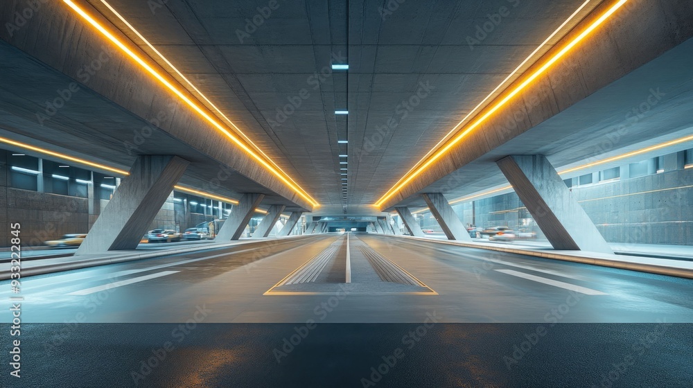 A city road illuminated by yellow LED lights going under a concrete bridge with cars driving in the background. A city road illuminated by yellow LED lights going under a concrete bridge with cars driving in the background.