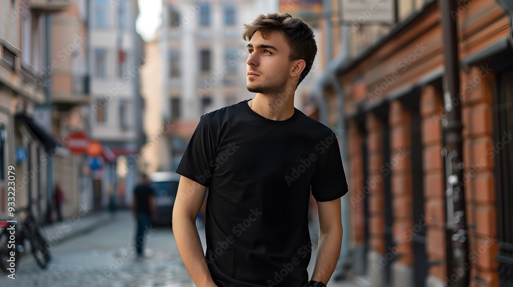Young Model Shirt Mockup, Boy wearing black t-shirt on street in daylight, Shirt Mockup Template on hipster adult for design print, Male guy wearing casual t-shirt mockup placement. Young Model Shirt Mockup, Boy wearing black t-shirt on street in daylight, Shirt Mockup Template on hipster adult for design print, Male guy wearing casual t-shirt mockup placement.