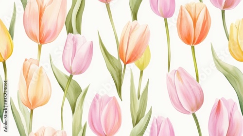 Wallpaper Mural A vibrant floral pattern featuring beautiful pink and orange tulips against a soft white background, perfect for spring decor. Torontodigital.ca