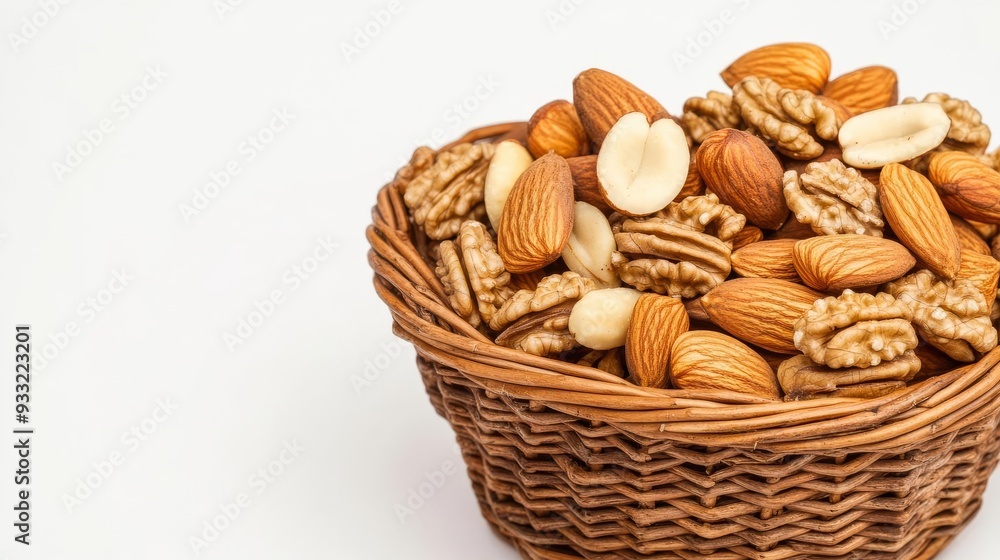 Rustic basket filled with organic walnuts and almonds, natural nuts, organic superfood collection Rustic basket filled with organic walnuts and almonds, natural nuts, organic superfood collection