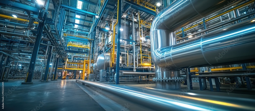 Fototapeta premium Modern Industrial Factory Interior with Advanced Machinery and Metal Pipelines