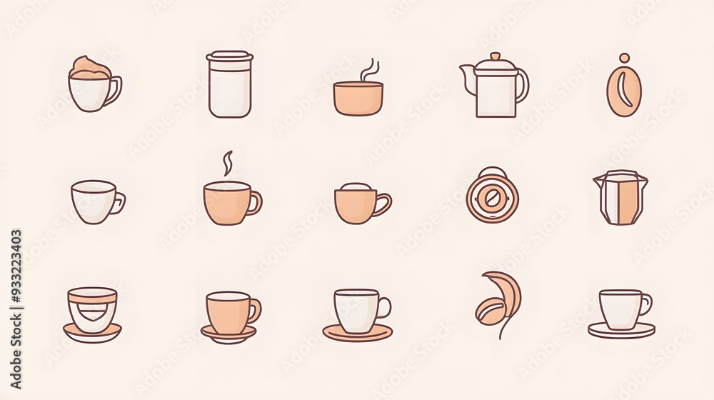 Minimalistic vector icons set featuring coffee and tea in pastel colors, including coffee cups, milk froth, cappuccino, latte, French press, coffee bean, and pot Minimalistic vector icons set featuring coffee and tea in pastel colors, including coffee cups, milk froth, cappuccino, latte, French press, coffee bean, and pot