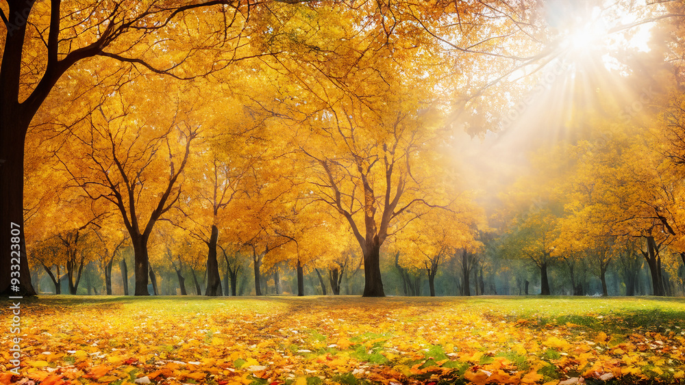 Fototapeta premium A captivating autumn landscape featuring yellow trees and sunlight.