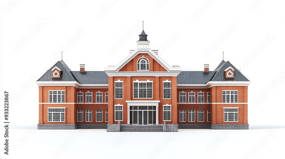 A classic red brick building with a black roof and white trim, featuring a central entrance with a set of double doors and a series of windows. A classic red brick building with a black roof and white trim, featuring a central entrance with a set of double doors and a series of windows.