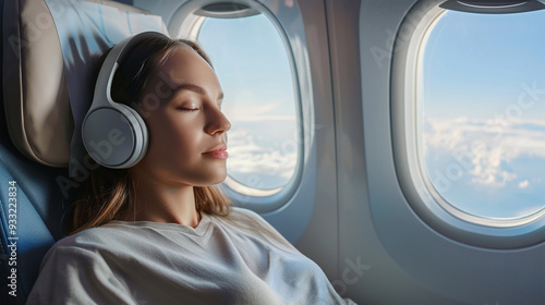 Woman in headphones relaxing in airplane seat with sky view photo