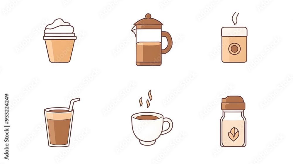 Minimalistic vector icons set featuring coffee and tea in pastel colors, including coffee cups, milk froth, cappuccino, latte, French press, coffee bean, and pot Minimalistic vector icons set featuring coffee and tea in pastel colors, including coffee cups, milk froth, cappuccino, latte, French press, coffee bean, and pot