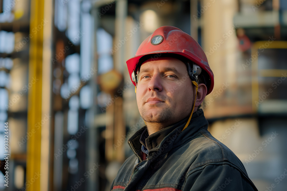 Confident Industrial Worker Wearing Safety Helmet at Construction Site in Sunlight Confident Industrial Worker Wearing Safety Helmet at Construction Site in Sunlight
