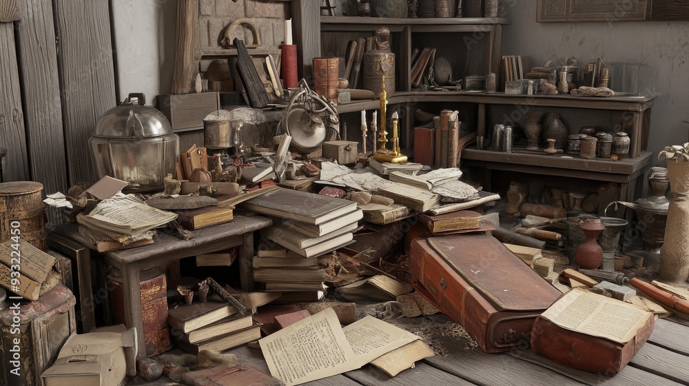 A cluttered antique shop with old books, candlesticks and other items on wooden shelves and tables. A cluttered antique shop with old books, candlesticks and other items on wooden shelves and tables.