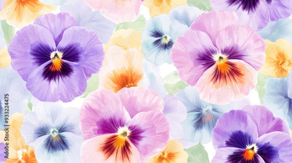 A vibrant and colorful pattern of pansy flowers showcasing shades of purple, blue, and orange, perfect for spring-themed designs.