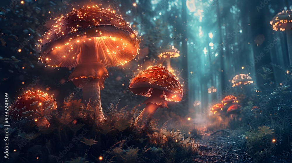 Naklejka premium Enchanting Mystical Forest with Glowing Creatures and Ethereal Mushrooms in Magical Atmosphere
