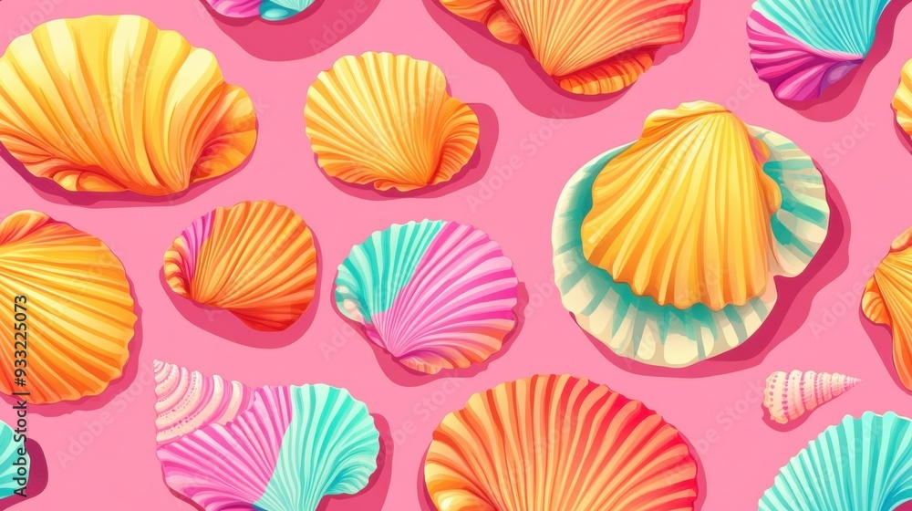 Vibrant collection of colorful seashells on a bright pink background, ideal for beach and ocean-themed designs. Vibrant collection of colorful seashells on a bright pink background, ideal for beach and ocean-themed designs.