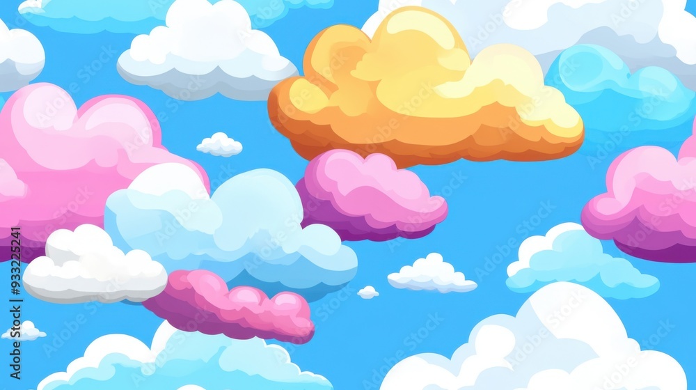 Colorful clouds float in a bright blue sky, creating a whimsical and cheerful atmosphere perfect for illustrations and designs. Colorful clouds float in a bright blue sky, creating a whimsical and cheerful atmosphere perfect for illustrations and designs.