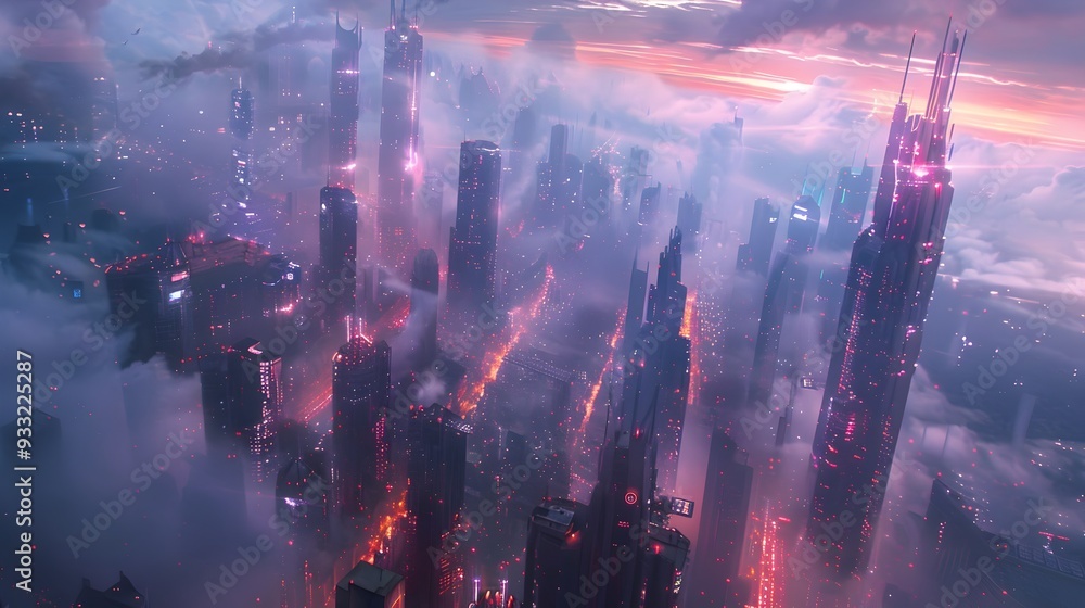 Fototapeta premium Captivating Futuristic Cityscape with Vibrant Architectural Details and Atmospheric Lighting
