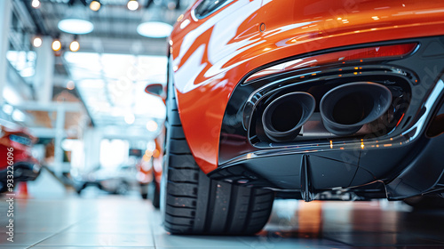 Exhaust pipes of modern luxury sports car in car showroom photo