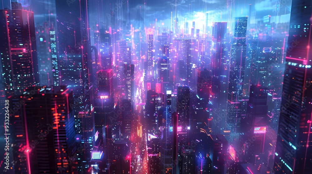 Fototapeta premium Futuristic Neon Lit Metropolis A Visionary Digital Art Concept of Advanced Urban Landscape
