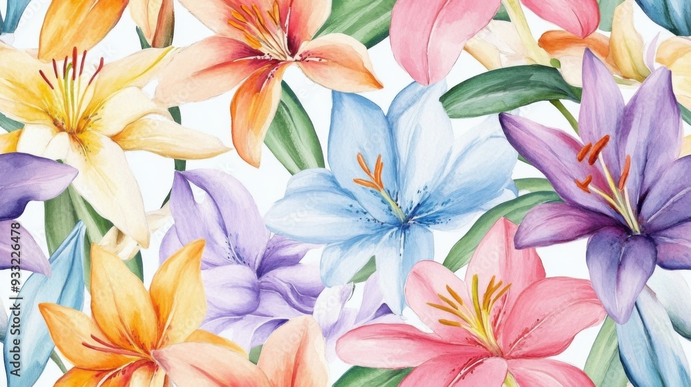 A vibrant watercolor illustration featuring an array of colorful lilies in various hues, perfect for floral designs or backgrounds. A vibrant watercolor illustration featuring an array of colorful lilies in various hues, perfect for floral designs or backgrounds.
