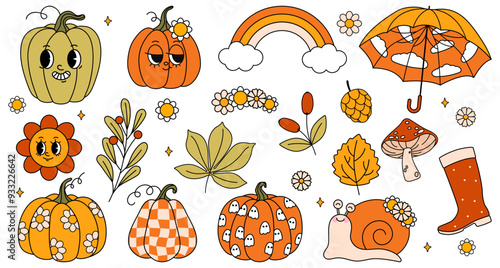 Set of autumn groovy stickers. hippie stickers, psychedelic groovy elements. Cartoon funky autumn leaves, mushrooms, pumpkins, harvest vintage hippy style element. Vector illustration isolated