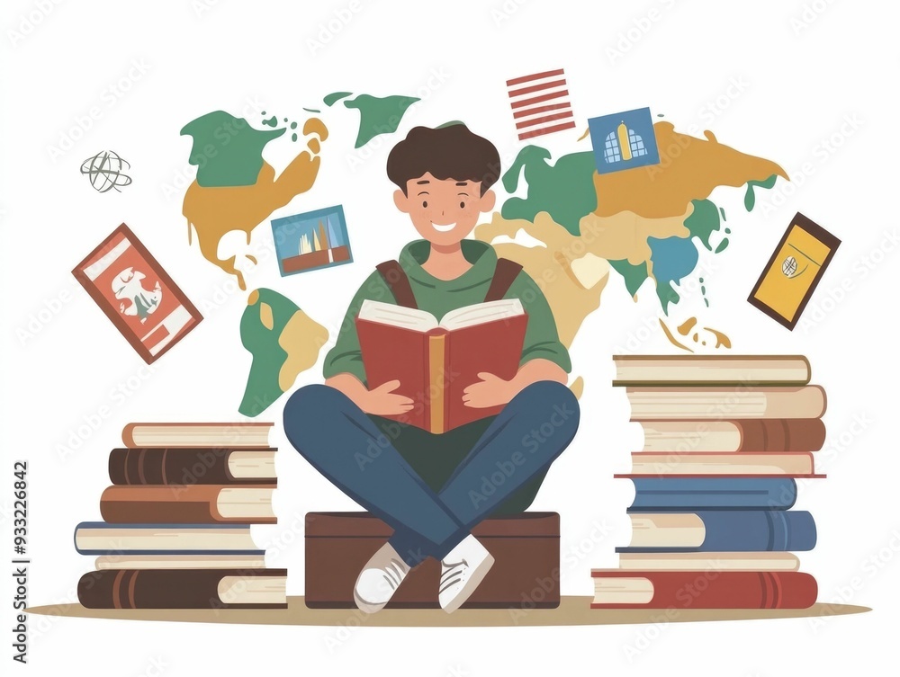 Flat design depicting the concept of language learning and studying in a language rich environment abroad The image shows various educational elements such as textbooks notebooks pencils Flat design depicting the concept of language learning and studying in a language rich environment abroad The image shows various educational elements such as textbooks notebooks pencils