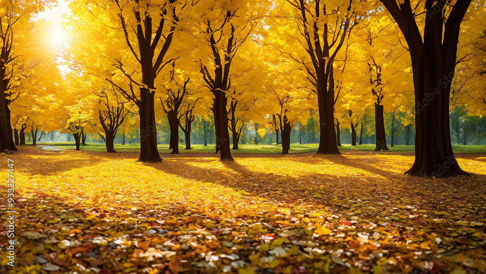 A captivating autumn landscape featuring yellow trees and sunlight. A captivating autumn landscape featuring yellow trees and sunlight.