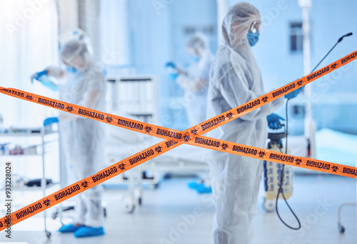 Fotografie Hospital, biohazard and people cleaning with sanitation for contamination, safety or protocol