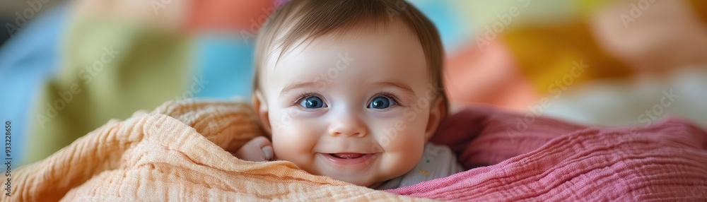 Baby smiling, wrapped in a soft blanket, with a bright and cheerful background, Adorable, Soft Focus, Bright Baby smiling, wrapped in a soft blanket, with a bright and cheerful background, Adorable, Soft Focus, Bright