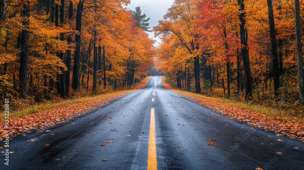 Scenic countryside drive through vibrant autumn foliage on a rainy day Scenic countryside drive through vibrant autumn foliage on a rainy day