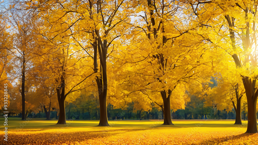 Naklejka premium A captivating autumn landscape featuring yellow trees and sunlight.