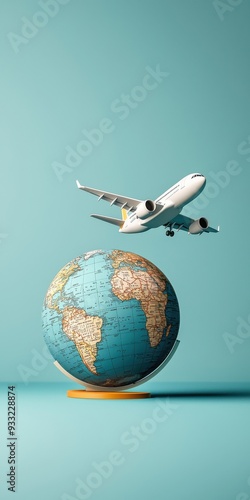 Minimalist 3d illustration of business expansion overseas featuring a clean plane and globe