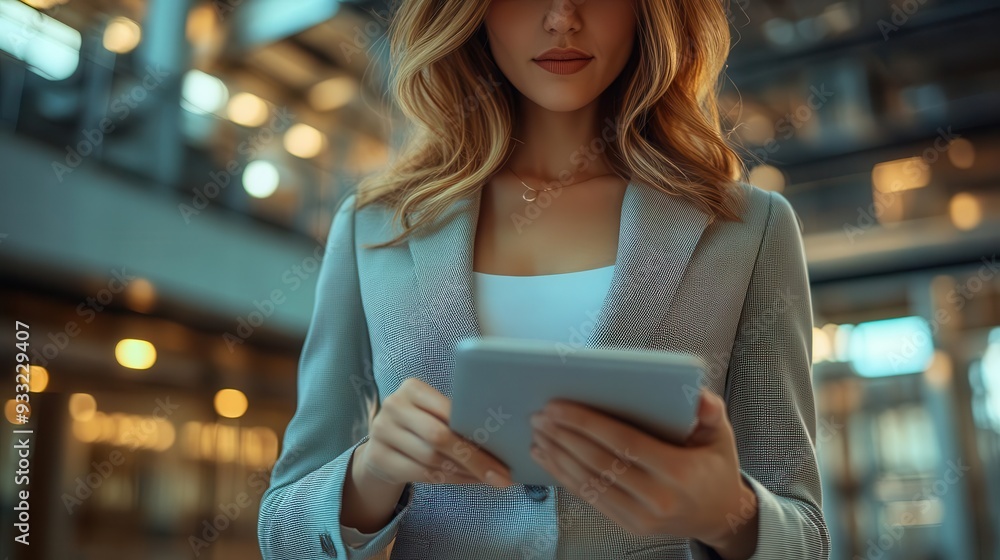 Businesswoman in a stylish suit working on a digital tablet, captured in a modern office, Professional, Bright, Focused Businesswoman in a stylish suit working on a digital tablet, captured in a modern office, Professional, Bright, Focused