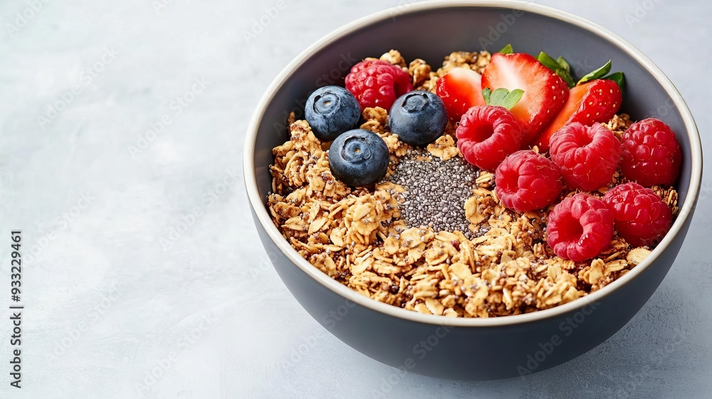 Bowl of organic granola with fresh berries and a sprinkle of chia seeds, granola superfood bowl, natural energy breakfast Bowl of organic granola with fresh berries and a sprinkle of chia seeds, granola superfood bowl, natural energy breakfast