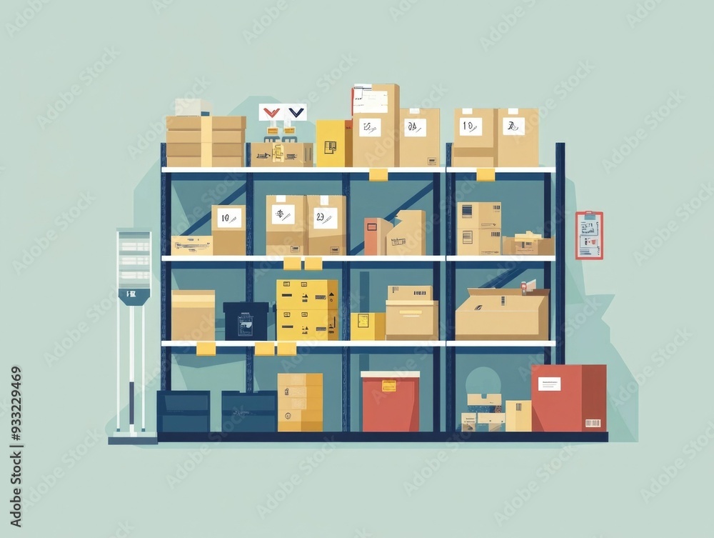 Flat design of an automated inventory management and supply tracking system The image showcases the various components and processes involved in optimizing inventory control logistics Flat design of an automated inventory management and supply tracking system The image showcases the various components and processes involved in optimizing inventory control logistics