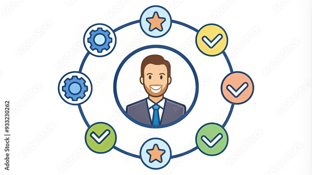 Assorted icons and symbols of excellent customer service, including a smiling Speech bubble, a gear, a shield, and a smile, arranged in a circular pattern. Assorted icons and symbols of excellent customer service, including a smiling Speech bubble, a gear, a shield, and a smile, arranged in a circular pattern.