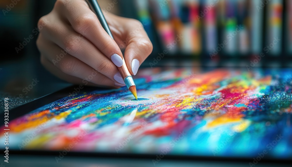 Digital tablet being used for creative work, with colorful designs on display, Creative, Bright, Detailed Digital tablet being used for creative work, with colorful designs on display, Creative, Bright, Detailed