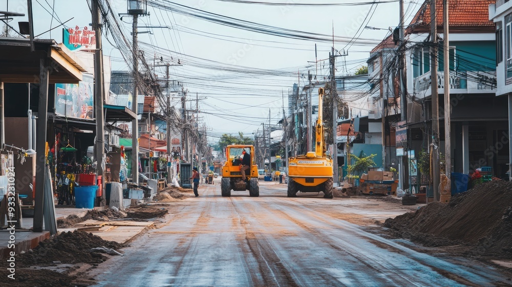 Urban Construction Scene with Heavy Machinery on a Busy Street in a Developing City Urban Construction Scene with Heavy Machinery on a Busy Street in a Developing City