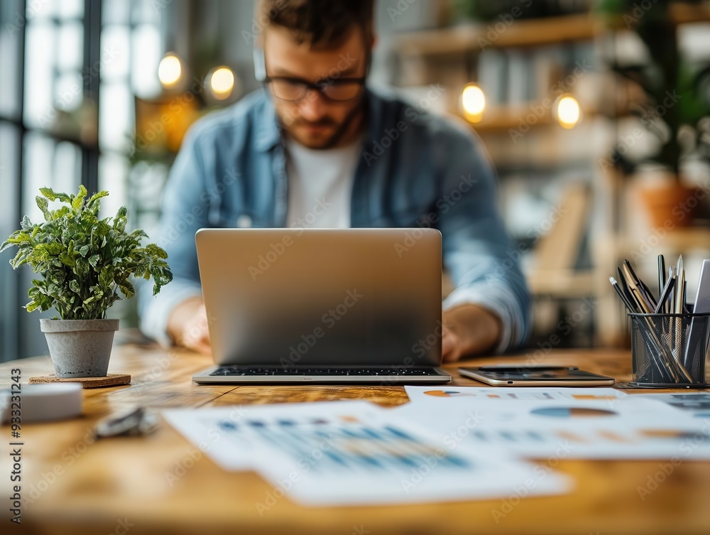 Entrepreneur in a modern workspace, focused on a laptop with startup materials around, Dynamic, Bright, High Detail Entrepreneur in a modern workspace, focused on a laptop with startup materials around, Dynamic, Bright, High Detail