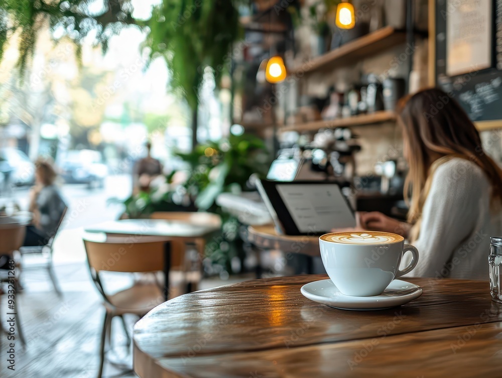 Entrepreneur lifestyle with a young professional working from a chic cafe, Modern, Bright, Detailed Entrepreneur lifestyle with a young professional working from a chic cafe, Modern, Bright, Detailed