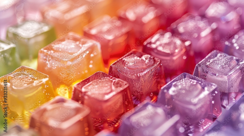 A colorful ice cube tray filled with perfectly clear ice cubes in different shades. A colorful ice cube tray filled with perfectly clear ice cubes in different shades.