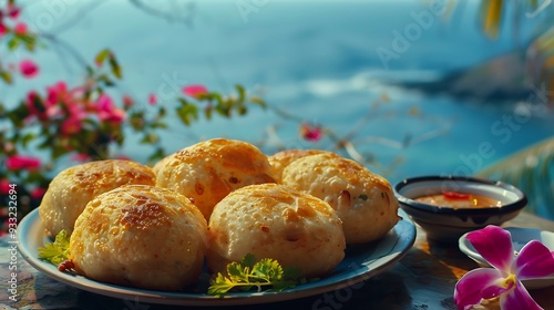 Delicious litti chokha on a plate against an oceanic backdrop photo