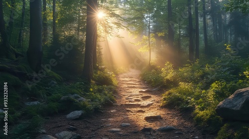 Hiking trail in a dense forest, with sunlight filtering through the trees and a path winding through, Adventurous, Cool Tones, Detailed