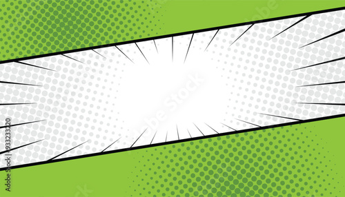 Sun rays with halftone on green background. vintage pop art focus template. blank comic thumbnail background. comic book template. vector illustration