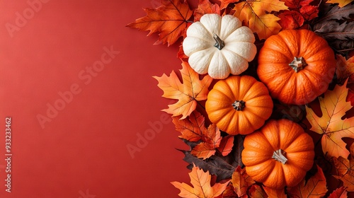 Wallpaper Mural   An orange and white pumpkin cluster surrounded by autumn foliage on a scarlet canvas with space for text Torontodigital.ca
