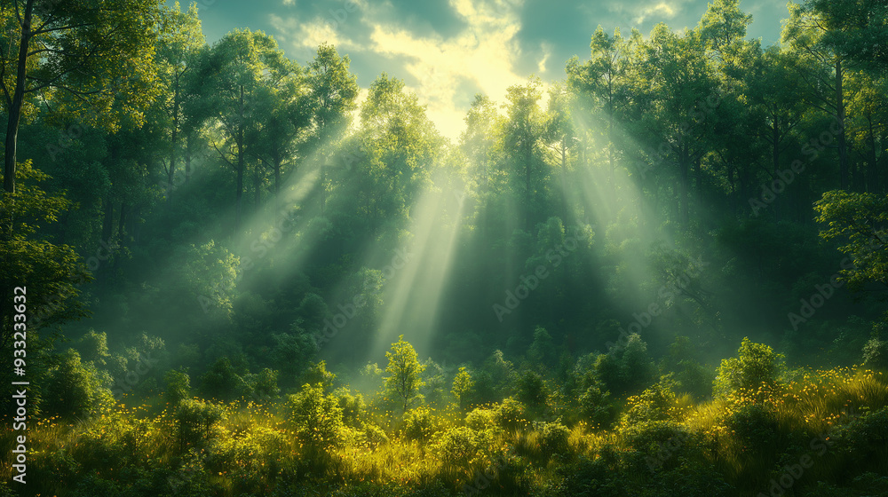Fototapeta premium A dense forest enveloped in early morning mist, with rays of sunlight filtering through the trees, creating a magical and serene atmosphere