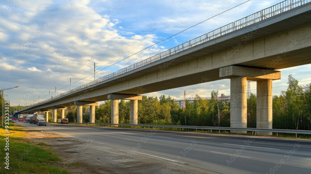 A highway bridge with a blue sky and fluffy clouds with a few cars traveling on the road below. A highway bridge with a blue sky and fluffy clouds with a few cars traveling on the road below.