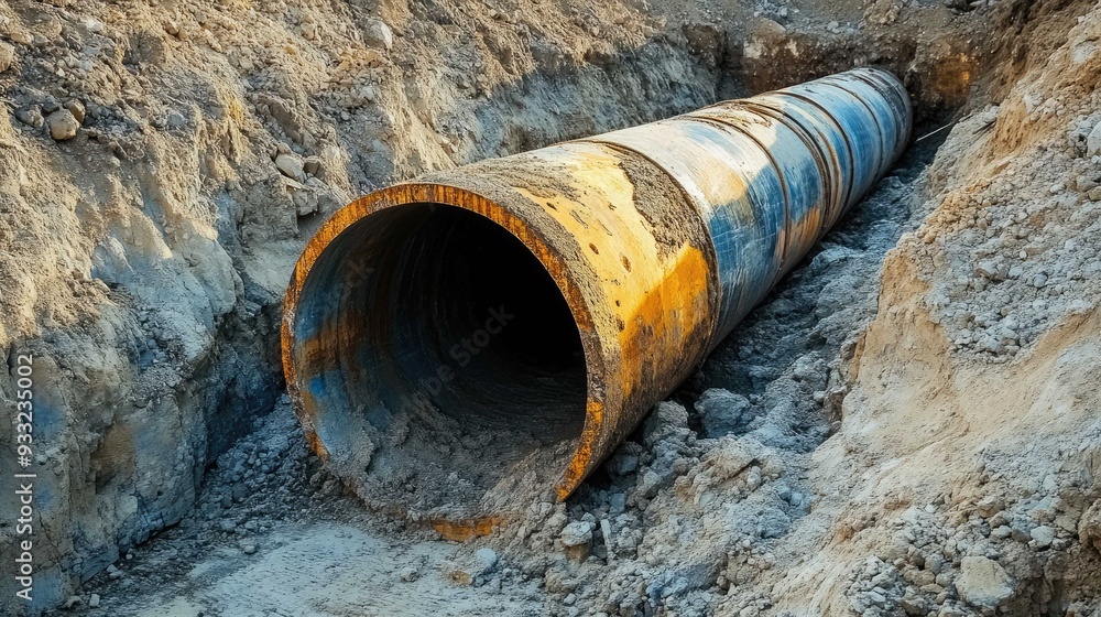 A large metal pipe sits in a trench, partially covered in dirt. A large metal pipe sits in a trench, partially covered in dirt.