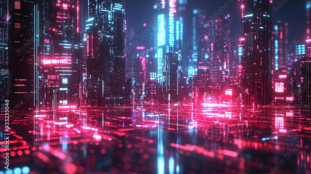 Fototapeta premium Futuristic Cyberpunk Cityscape with Neon Lights and High-Tech Skyscrapers at Night