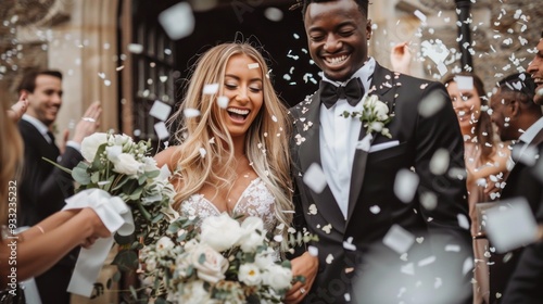 The bride and groom smile radiantly as they exit their wedding venue, surrounded by cheering guests and cascading confetti