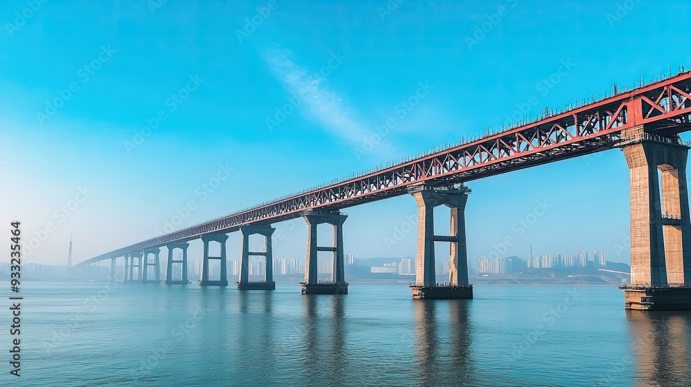 A large suspension bridge under construction crosses a wide blue river. A large suspension bridge under construction crosses a wide blue river.
