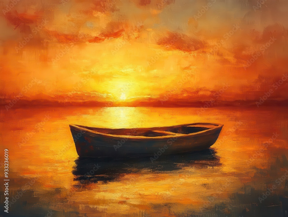 Sunset over water, with a boat gently floating and the sky painted in warm hues, Tranquil, Warm Tones, High Detail Sunset over water, with a boat gently floating and the sky painted in warm hues, Tranquil, Warm Tones, High Detail