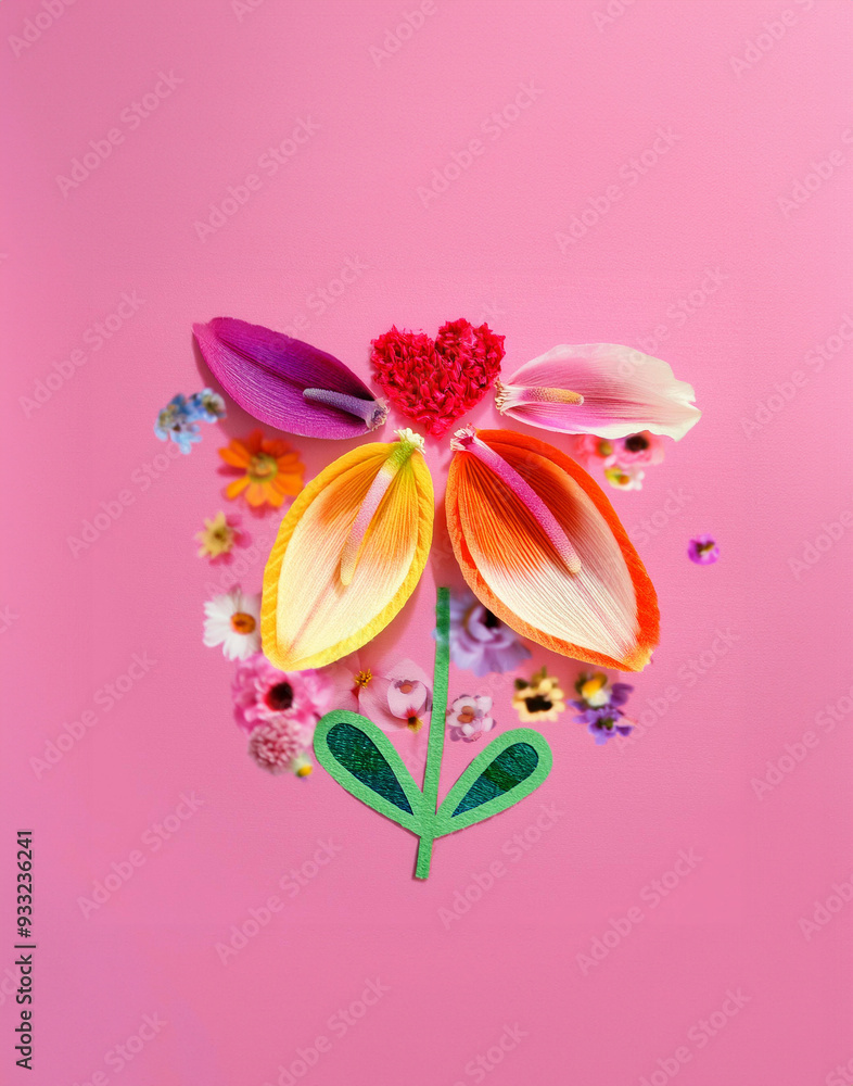Colourful flower blossom made from real flower petals, flowers in pink background, realistic collage, postcard design Colourful flower blossom made from real flower petals, flowers in pink background, realistic collage, postcard design